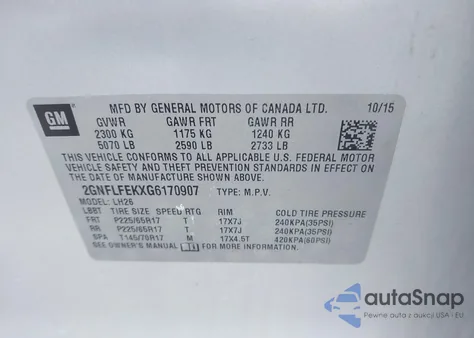 2016 Chevrolet Equinox Lt z USA, uszkodzony, nr VIN 2GNFLFEKXG6170907